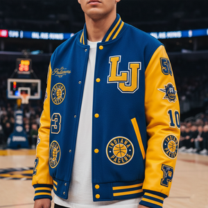 Person wearing a blue and yellow varsity jacket with Indiana Pacers logos on a basketball court.