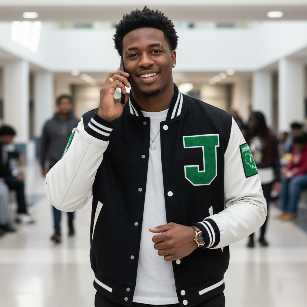 Man in a black and white letterman jacket with a green 'J' standing in a school hallway.