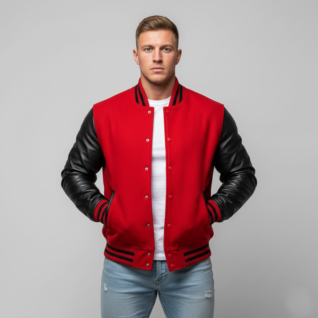 Man wearing a red and black varsity jacket on a gray background