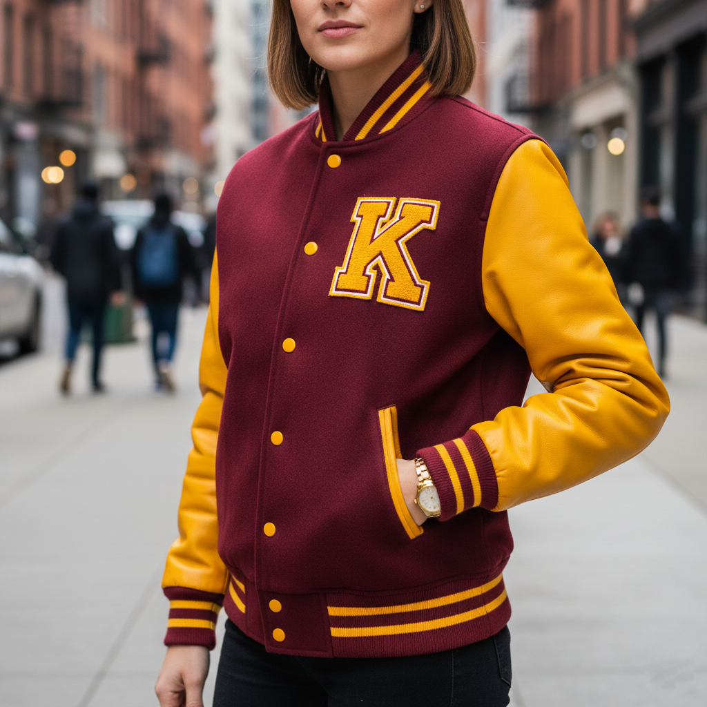 Person wearing a maroon and yellow varsity jacket with a large 'K' on a city street.