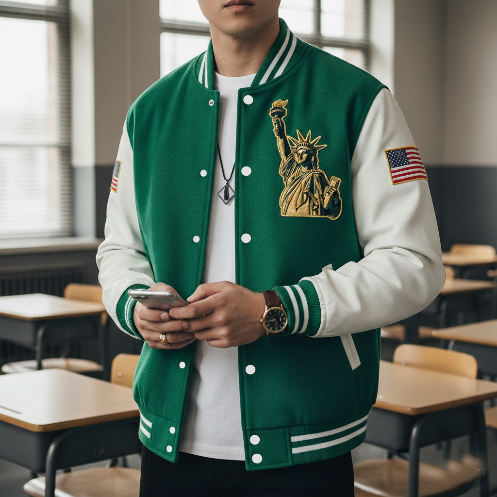 Person wearing a kelly green and white varsity jacket with a Statue of Liberty emblem in a classroom setting.