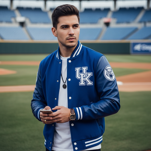 Man wearing a blue letterman jacket with a logo on a baseball field