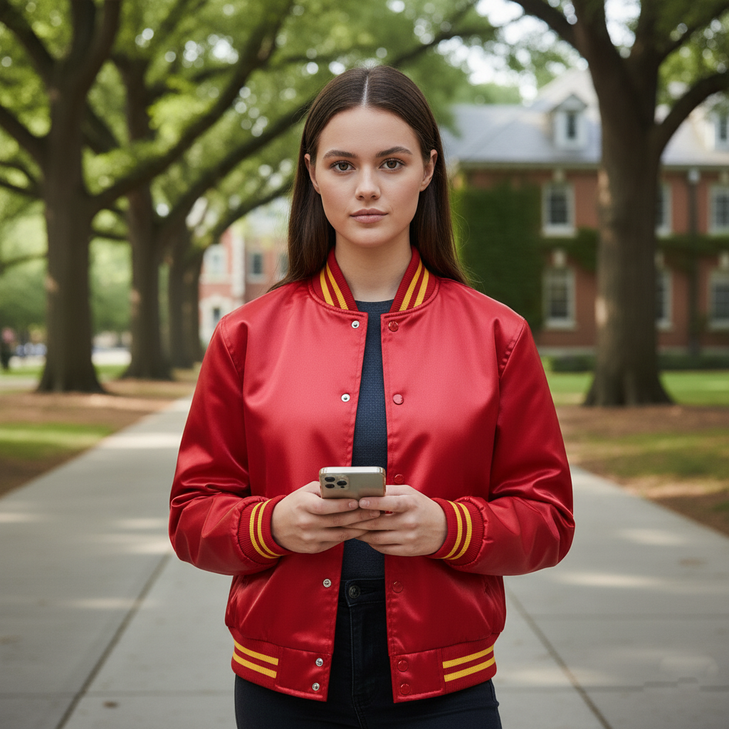 Woman in a red jacket with yellow accents holding a phone on a college campus.