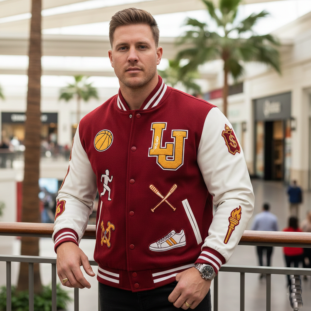 Man wearing a maroon and white varsity jacket with various logos in an indoor setting.