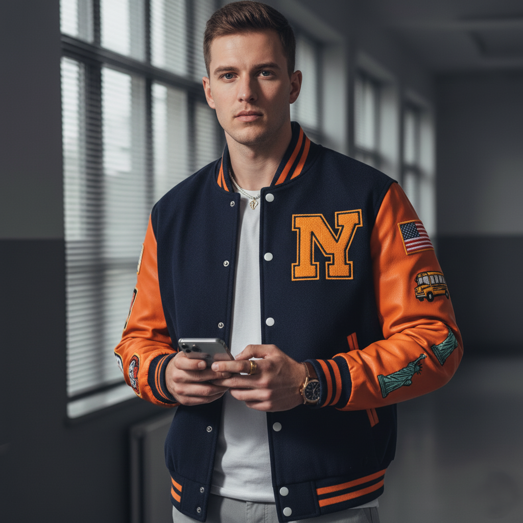 Man wearing a varsity jacket with letter 'N' holding a phone indoors.