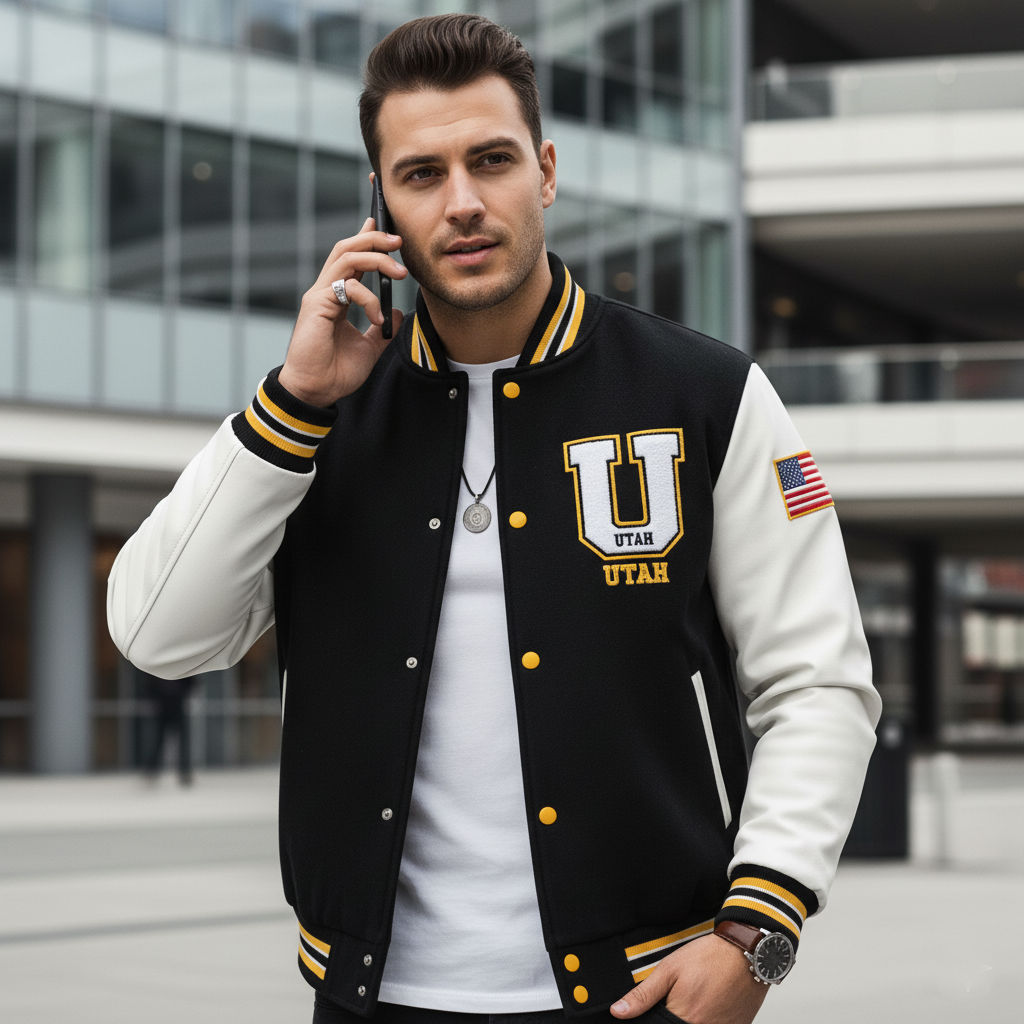 Man wearing a black and white letterman jacket with 'Utah' on it, talking on a phone.