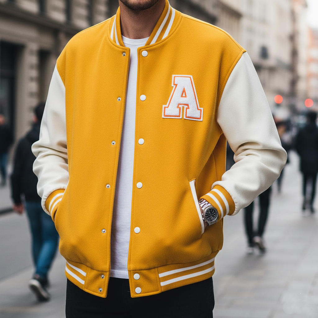 Person wearing a yellow varsity jacket with a white 'A' on a city street.