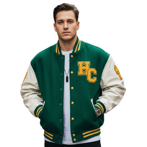 a boy wearing letterman jacket with the patch HC on front, a white and green color jacket