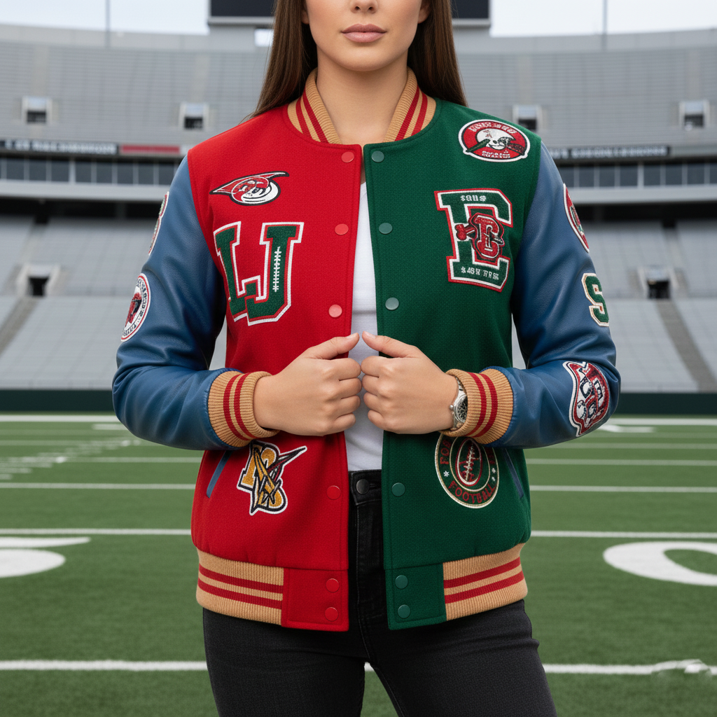 Person wearing a red and green varsity jacket with logos on a football field