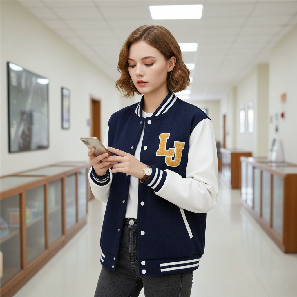 Woman in a navy blue letterman jacket with 'LJ' standing in a hallway.