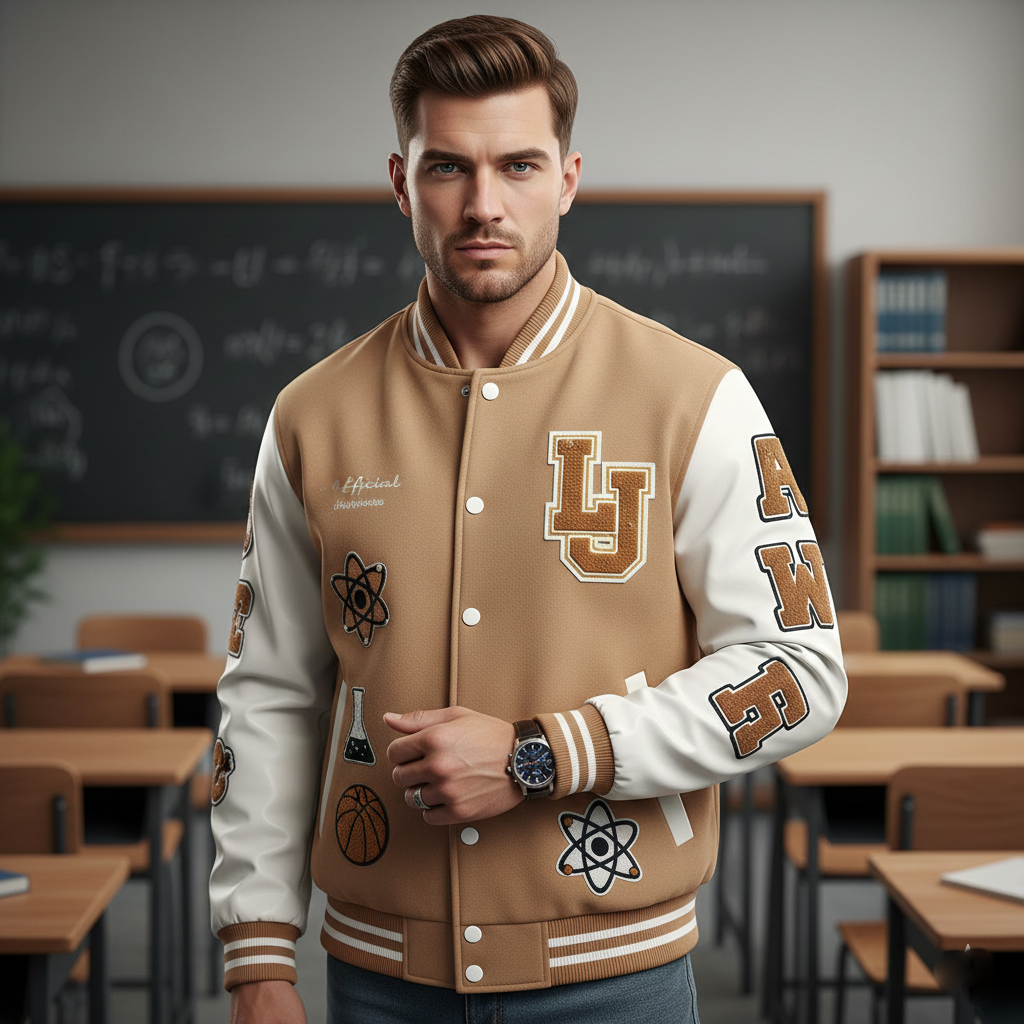 Man wearing a brown and white varsity jacket with lettering and symbols in a classroom setting