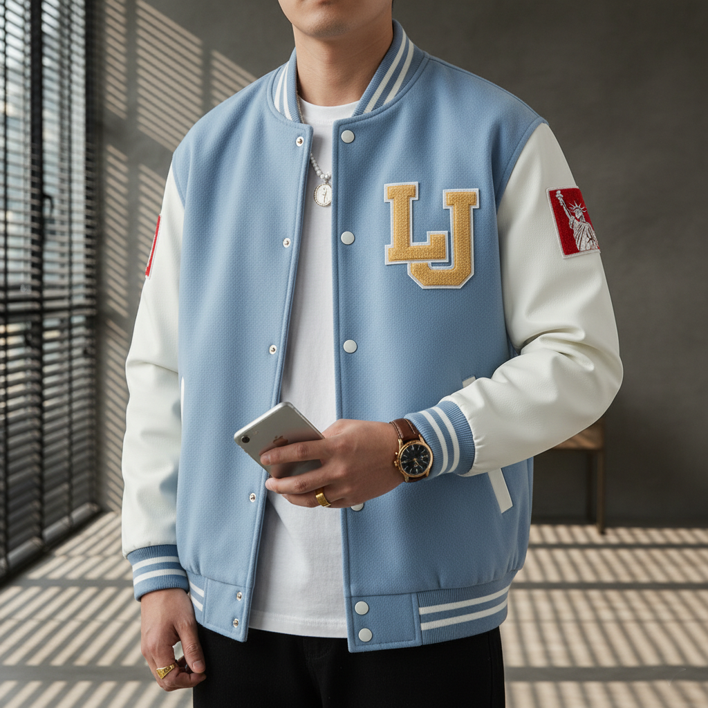 Person wearing a light blue and white varsity jacket with a logo, holding a phone.