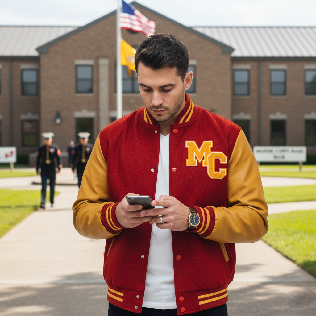 Man wearing a red and yellow letterman jacket with 'MC' on a school campus