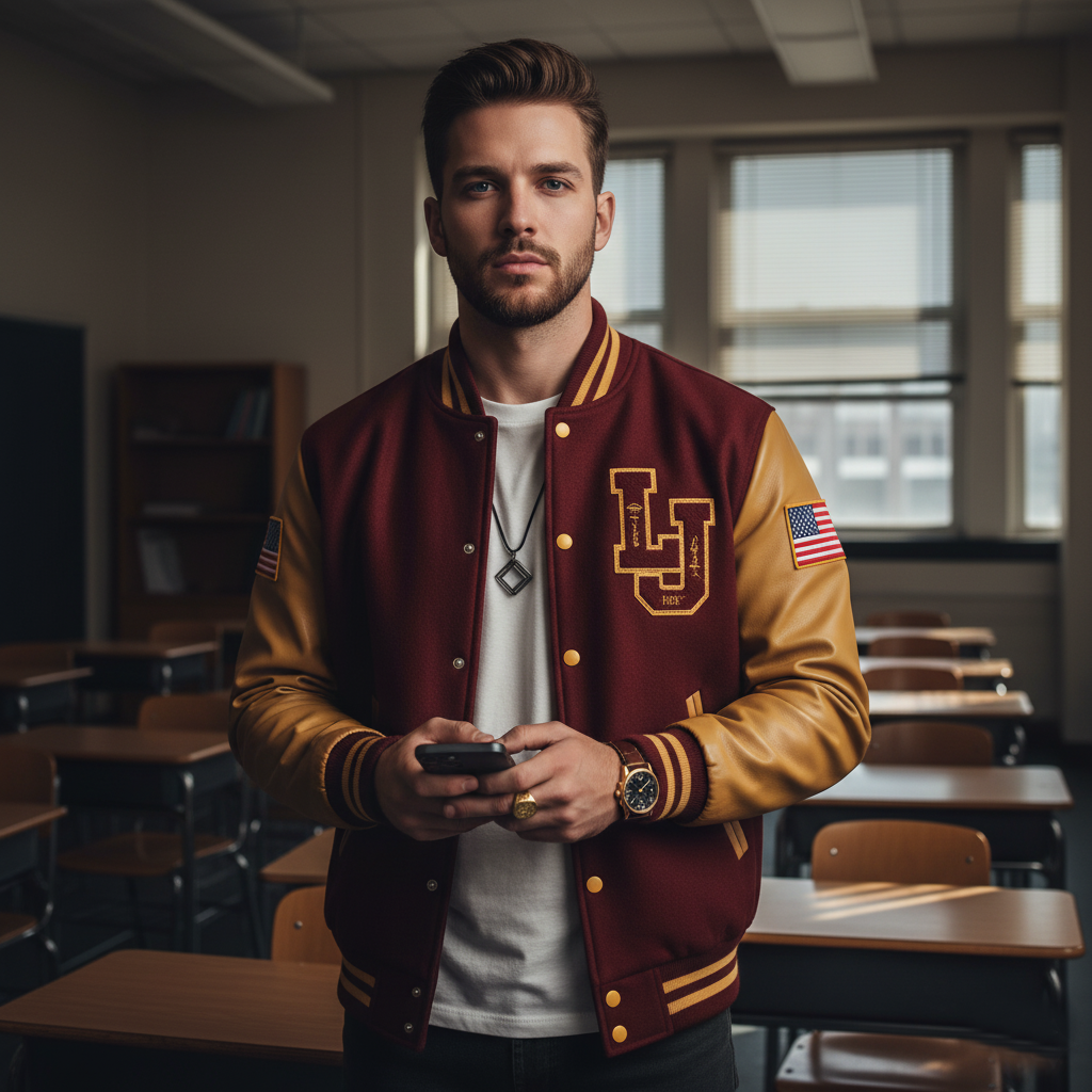 Man wearing a maroon and yellow varsity jacket in an empty classroom