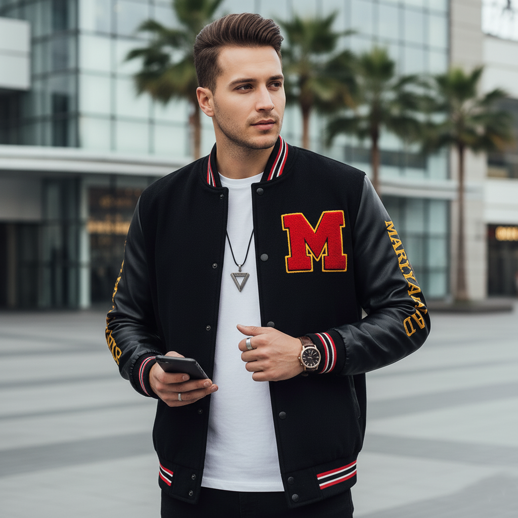 Man wearing a black varsity jacket with a red 'M' emblem, standing outdoors.