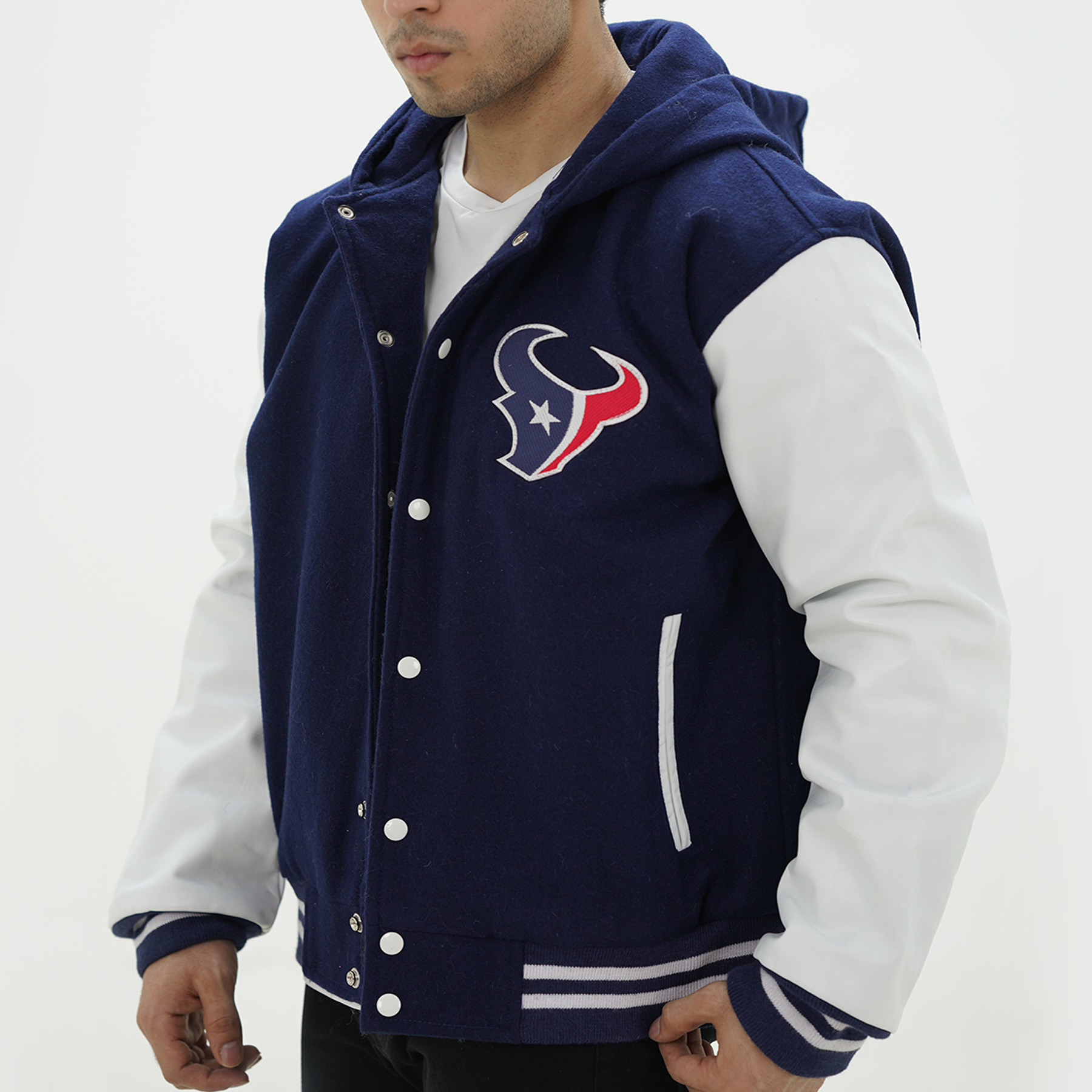 Men's Houston Texans Varsity Jacket Leather Arms And Wool Body Varsity Hoodie