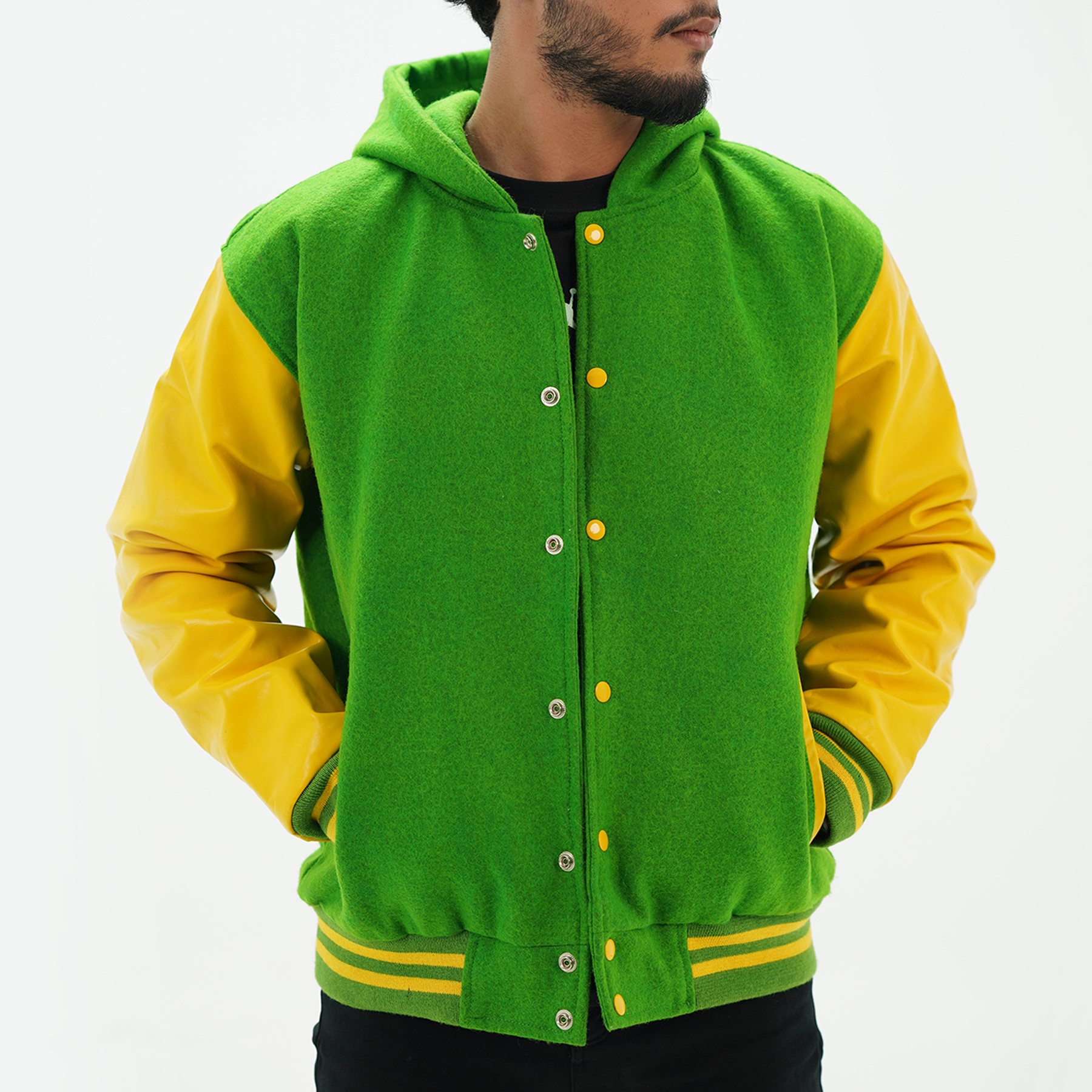 Men's Kelly Green Hoodie Letterman Jacket Leather Arms And Wool Body