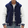 Men's Navy Blue Hooded Varsity Jacket Leather Arms And Wool Body Letterman Jacket