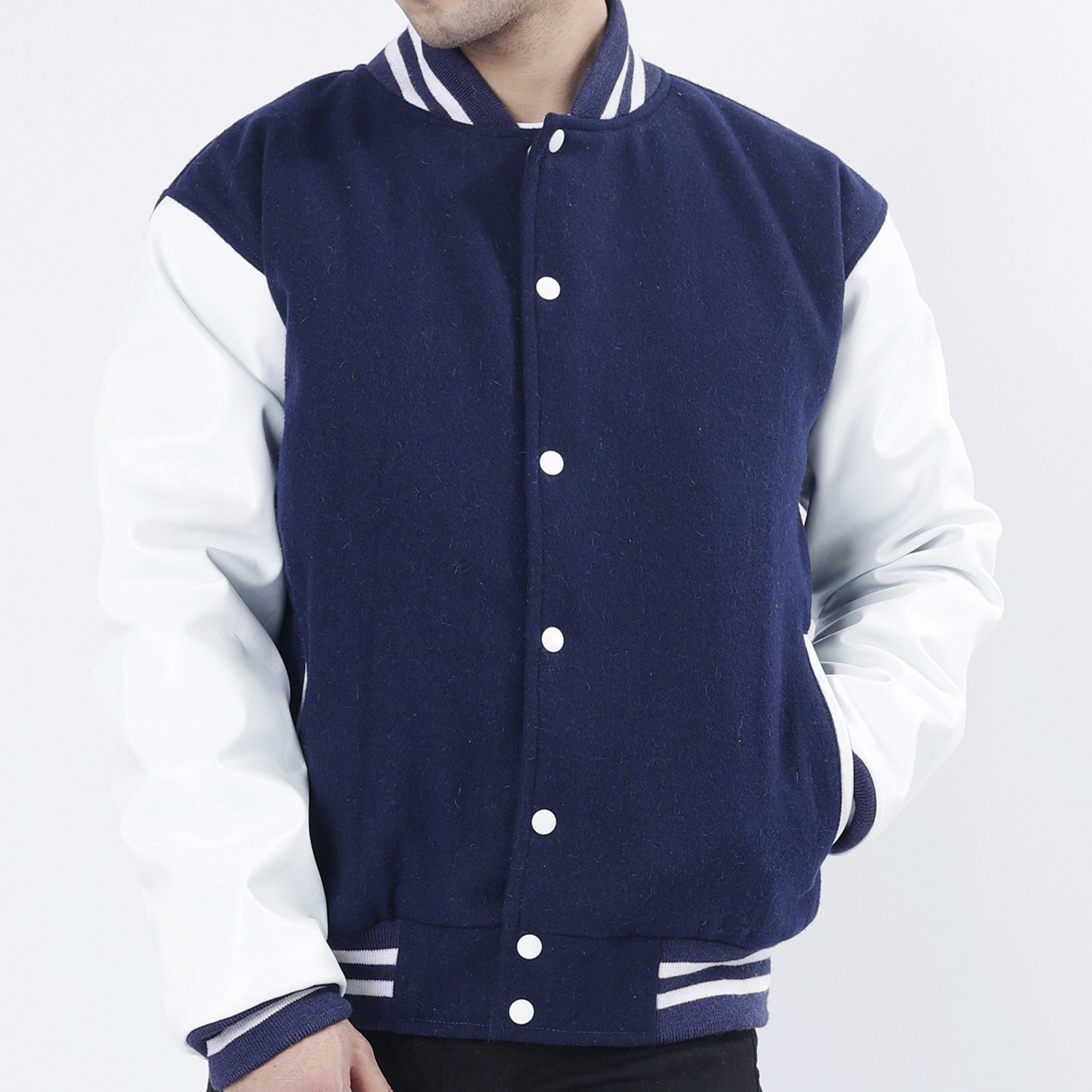 Men's Navy Blue Letterman Jacket Leather Arms And Wool Body Varsity Jacket