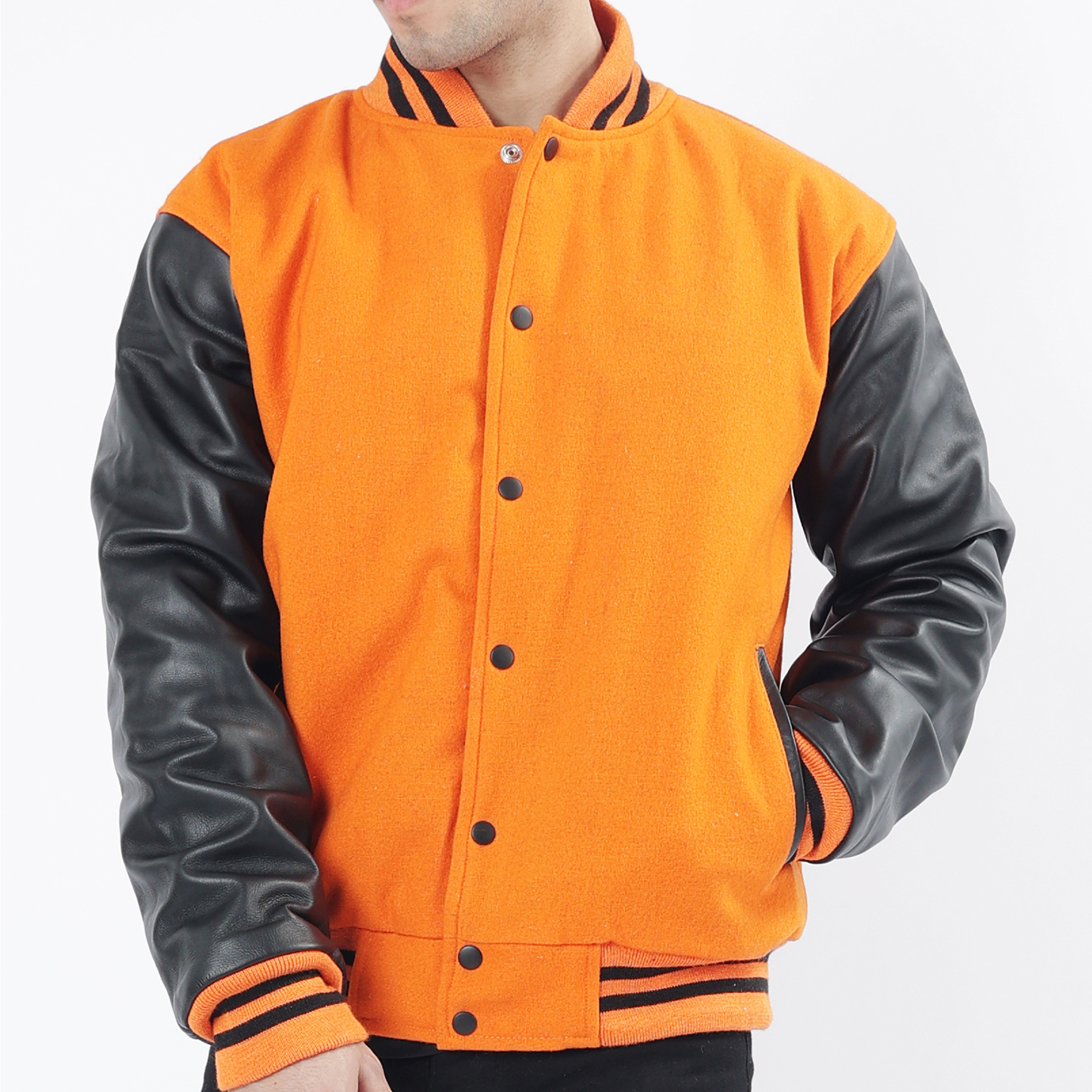 Men's Orange Wool Body And Black Leather Sleeves Varsity Jacket