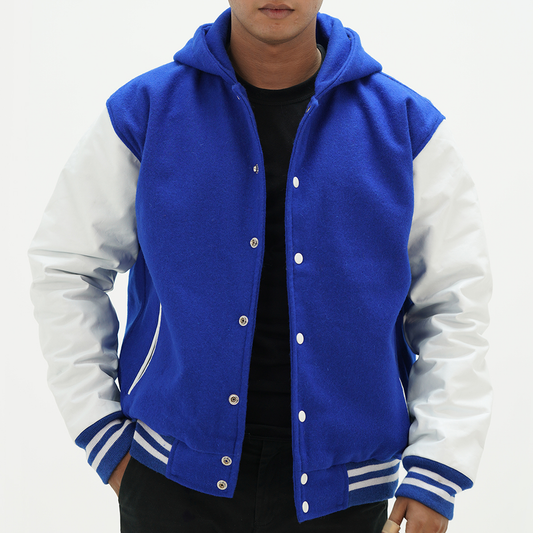 Men's Royal Blue Letterman Jacket With Hood Leather Arms And Wool Body