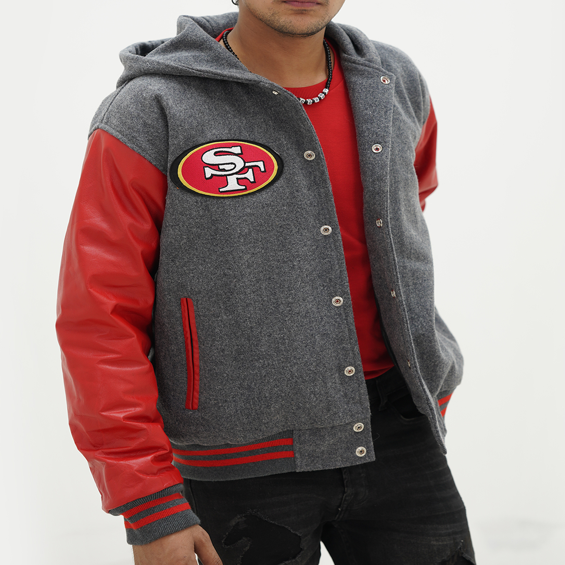 Men's San Francisco 49ers Varsity Jacket Leather Sleeves Wool Body Hoodie