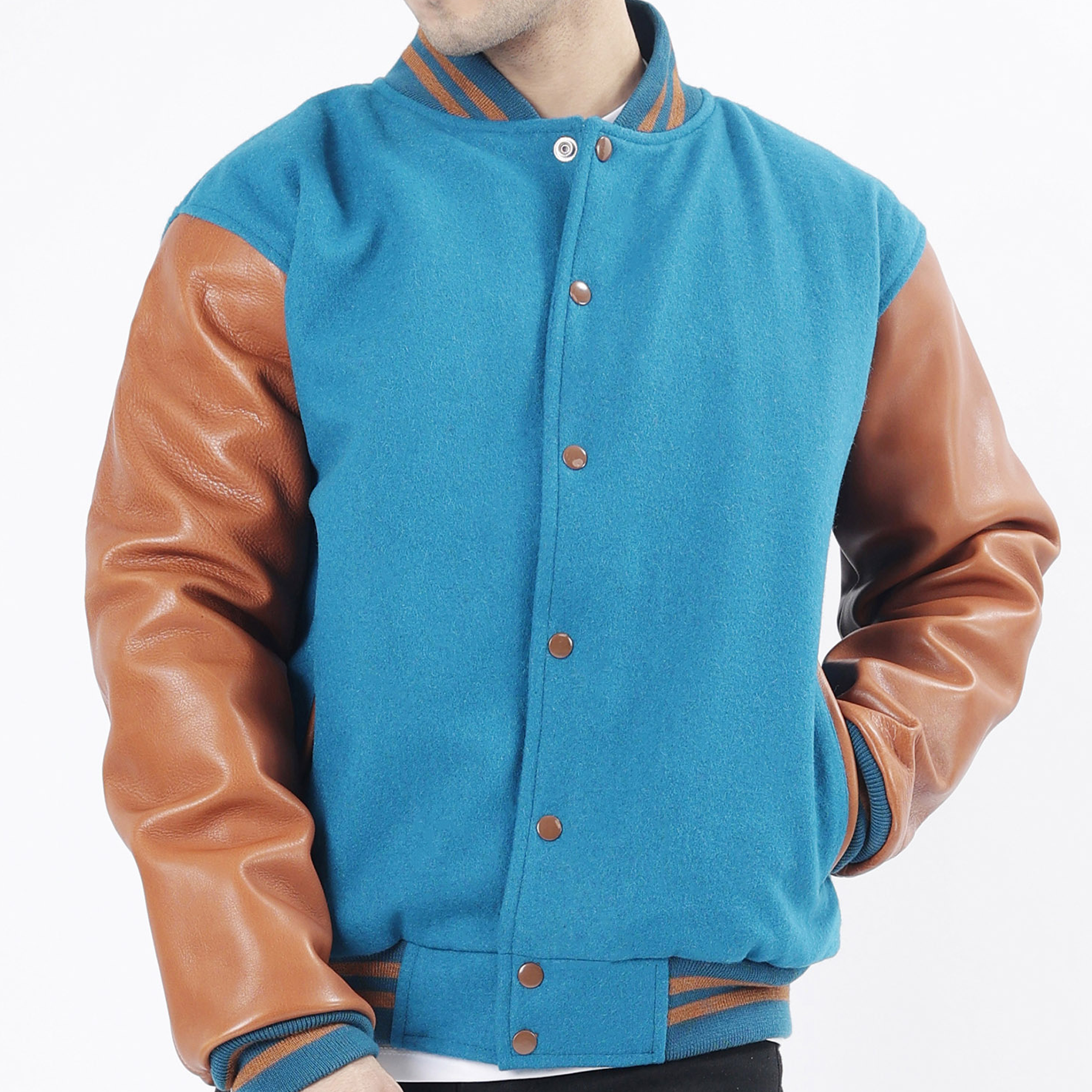 Men's Sky Blue Body And Brown Leather Sleeves Letterman Jacket