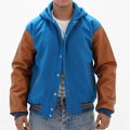 Men's Sky Blue Varsity Jacket Over Hoodie Leather Sleeves Wool Body