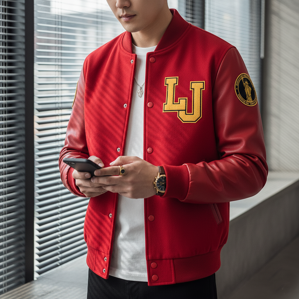 Person wearing a red varsity jacket with 'LJ' logo, holding a phone indoors.
