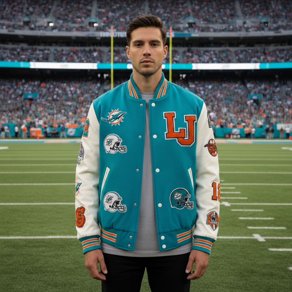 Man wearing a teal letterman jacket with sports team logos on a football field