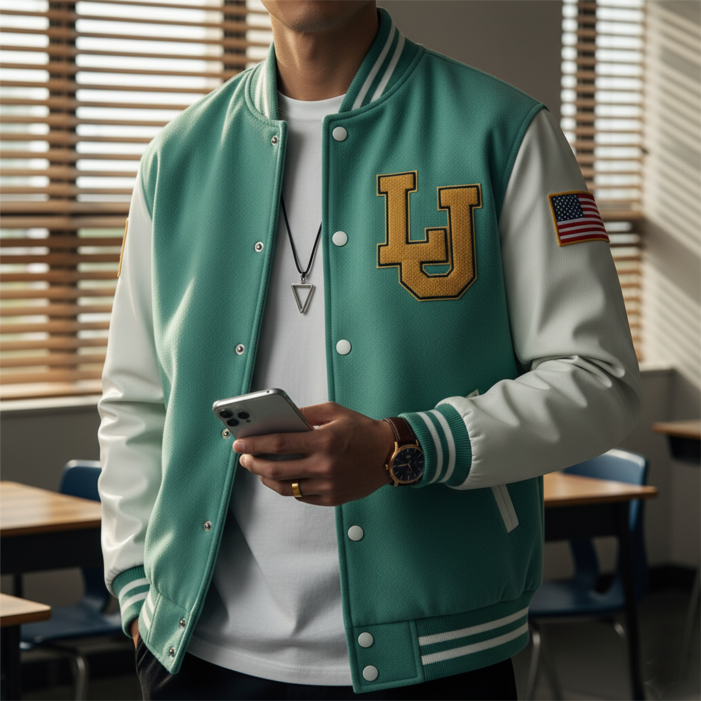 Person wearing a mint green varsity jacket with a 'LJ' logo in an indoor setting