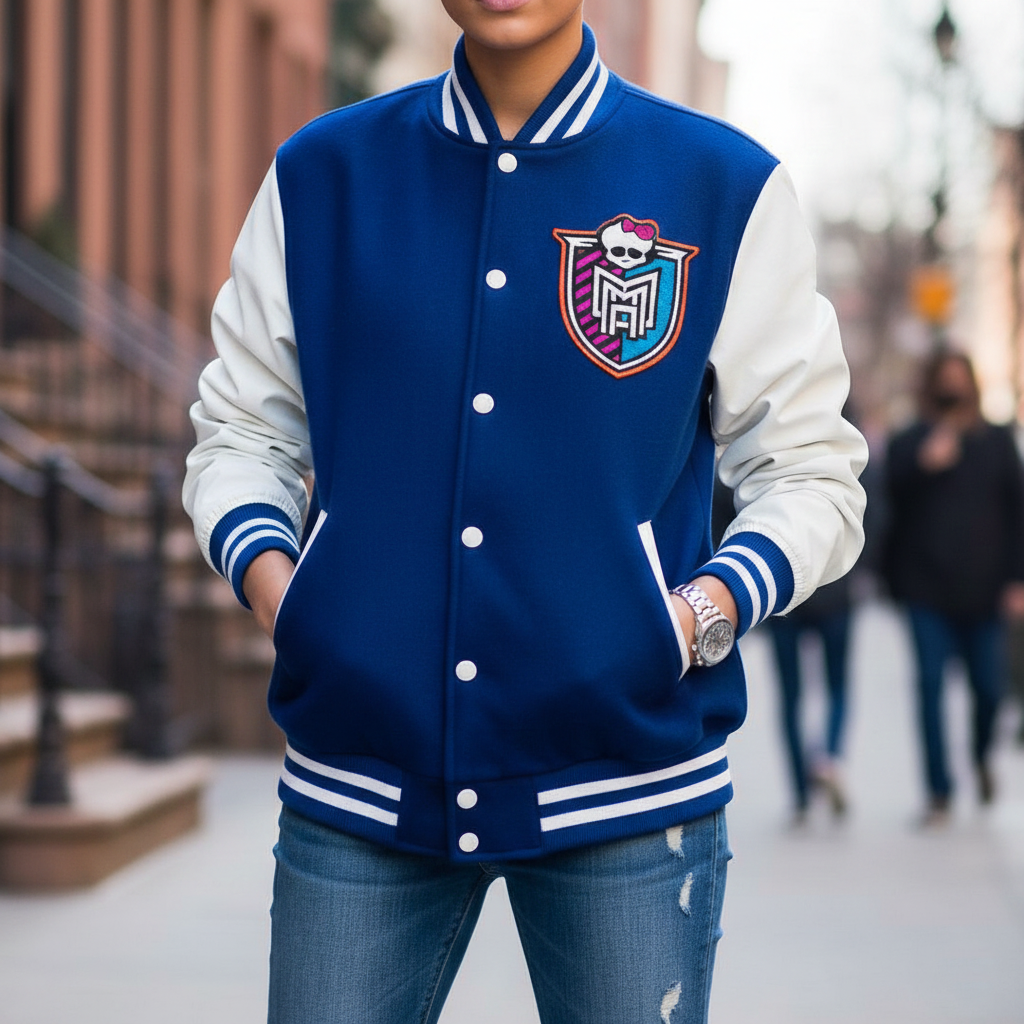 Person wearing a blue and white varsity jacket with a colorful Monster_High emblem on a city street.