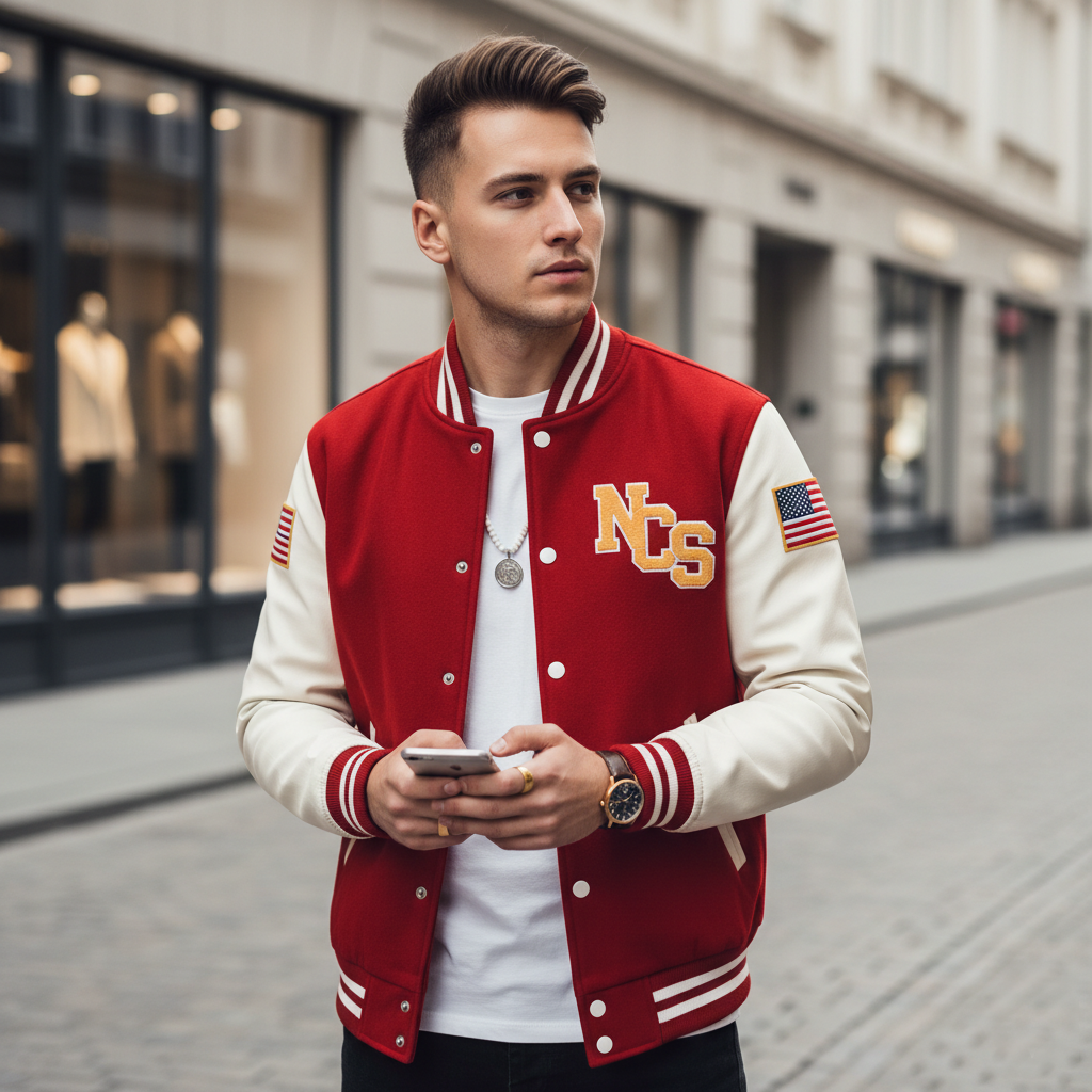 Man wearing a red and white varsity jacket with 'NCS' on a city street.