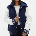 Women's Navy Blue Letterman Hooded Jacket Leather Arms And Wool Body