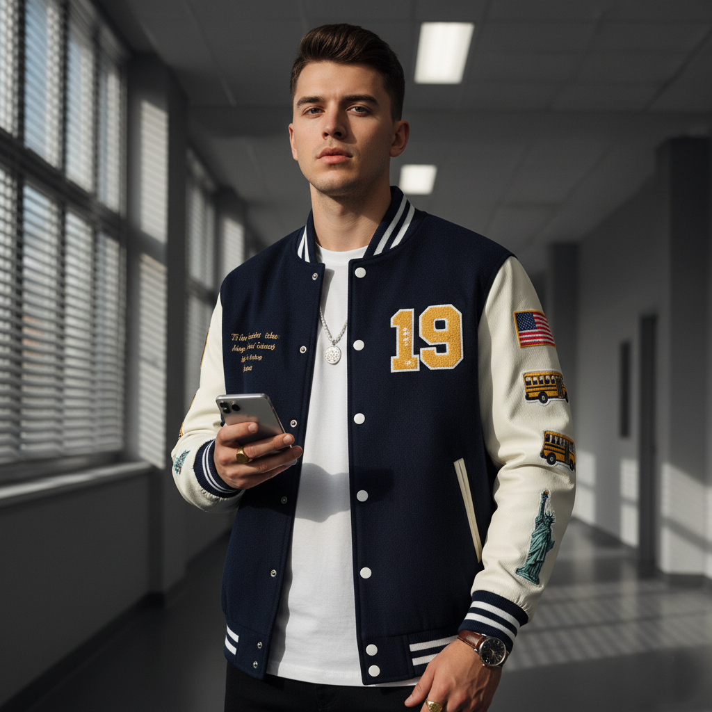 Man wearing a navy and white varsity jacket with number 19, holding a phone in a school hallway.