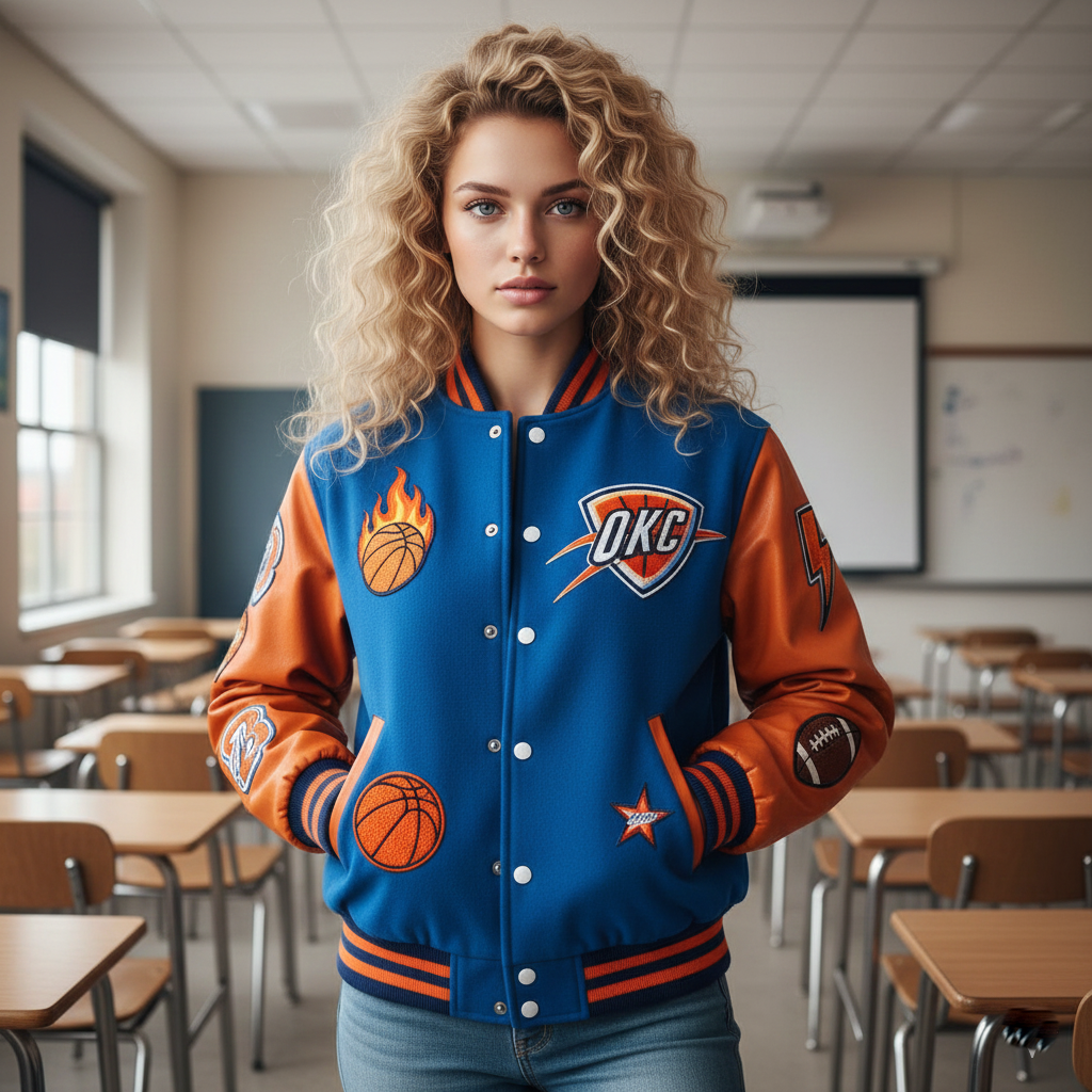 Woman wearing a blue and orange letterman jacket with OKC logo in a classroom setting