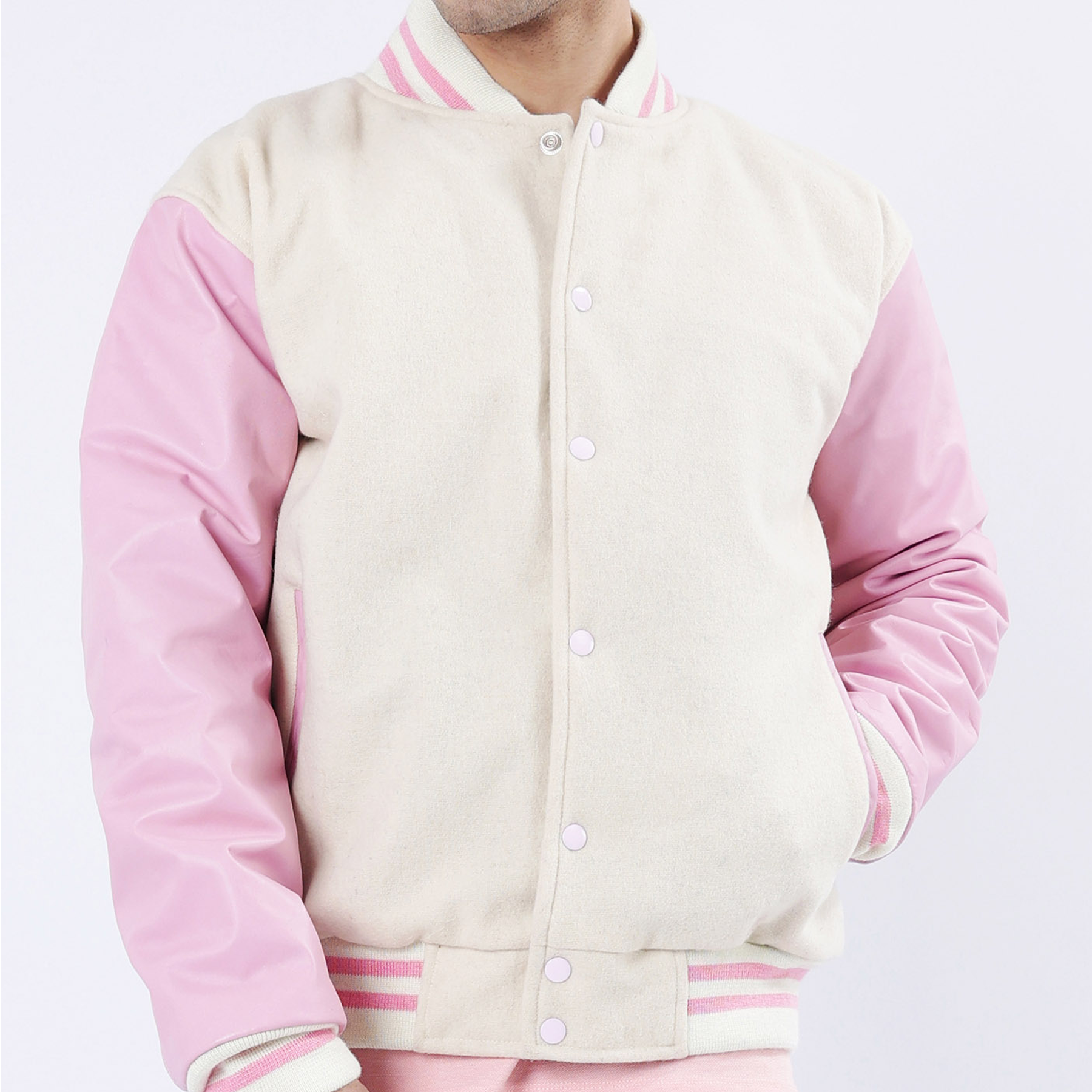 Off White And Pink Letterman Jacket  Leather Arms And Wool Body Varsity Jacket