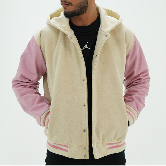 Off White And Pink Varsity Jacket And Hoodie Leather Arms And Wool Body