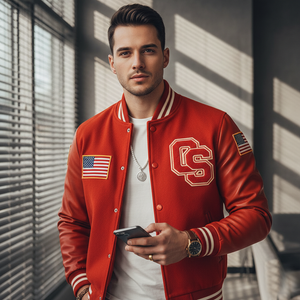 Man wearing a red varsity jacket with American flags and a logo, holding a phone indoors.
