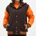 Women's Chocolate Brown Body And Old Gold Leather Arms Varsity Jacket With Hood