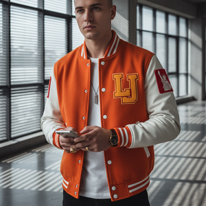 Man wearing an orange and white varsity jacket with a 'LJ' logo, standing indoors.