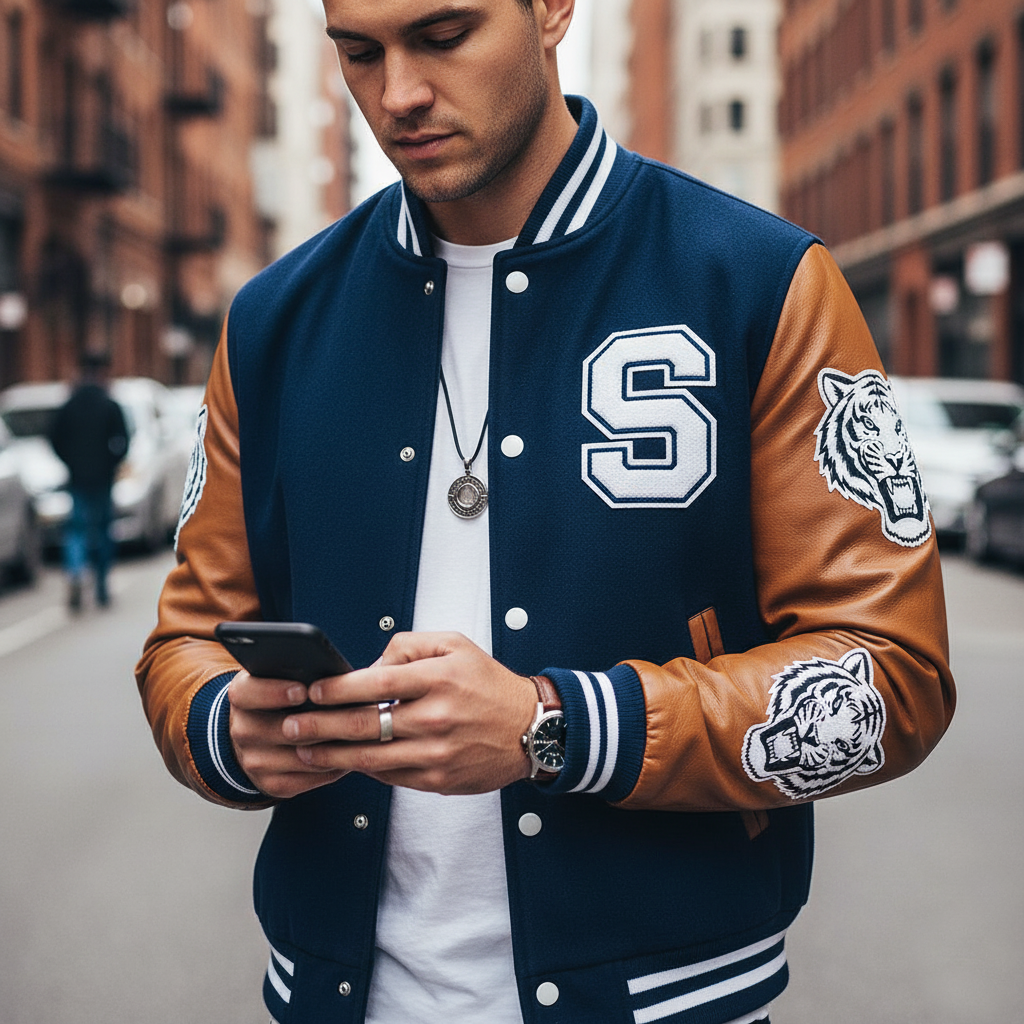 Man wearing a navy and brown varsity jacket with tiger emblem, using a phone on a city street.