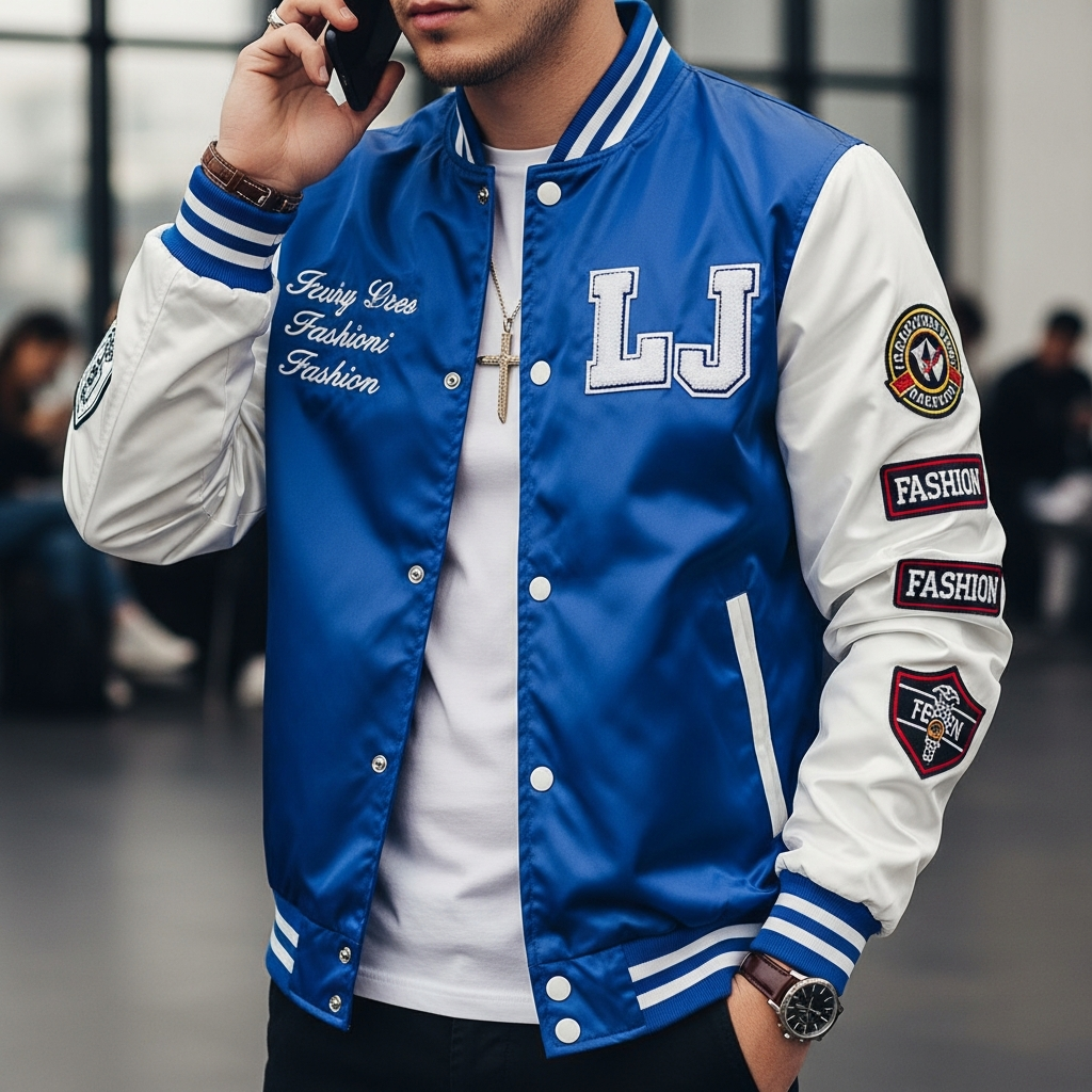Person wearing a blue and white letterman jacket with patches, talking on a phone.