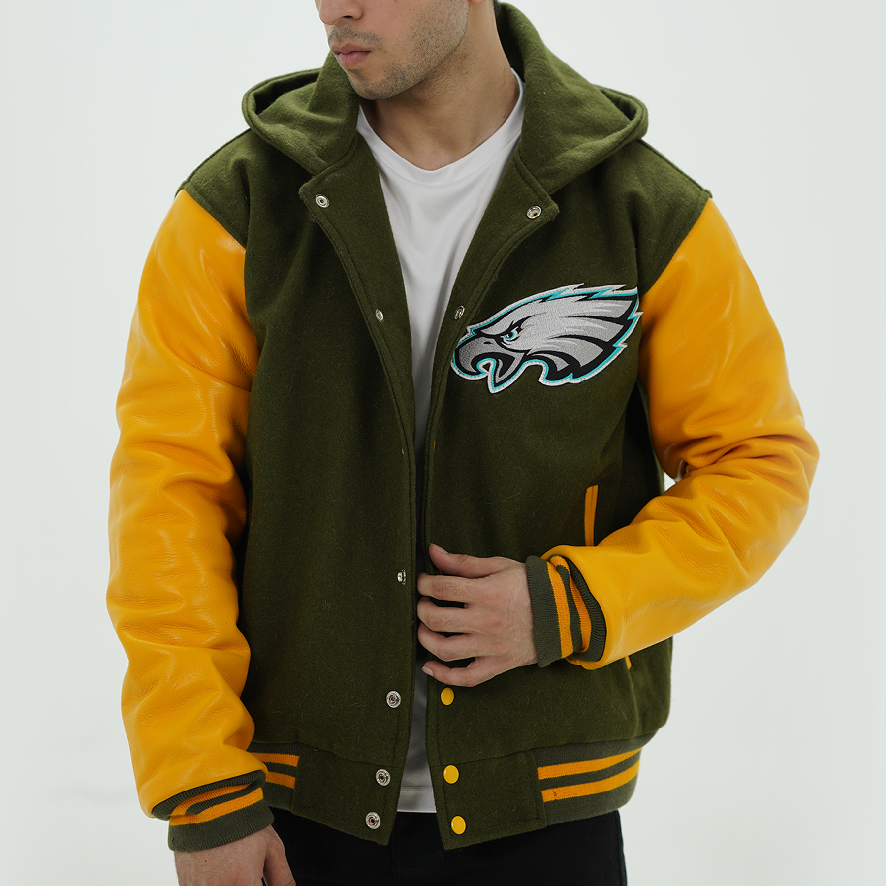 Philadelphia Eagles Varsity Jacket Leather Arms And Wool Body Green And Yellow Hooded Jacket