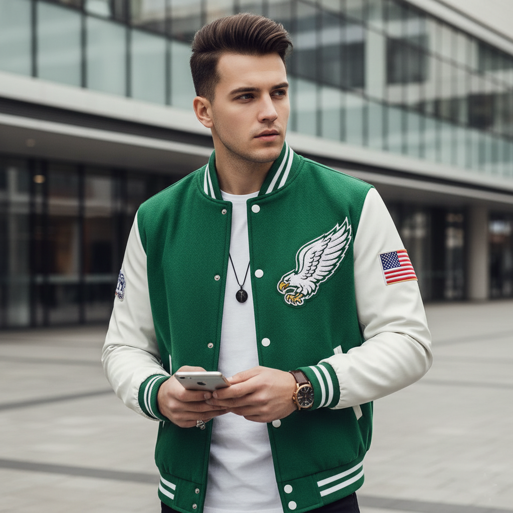 Man wearing a green and white varsity jacket with an eagle logo and American flag, standing outdoors.