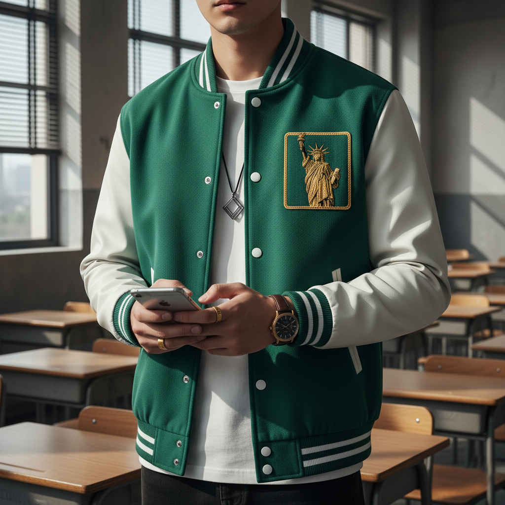 Person wearing a green varsity jacket with a statue of liberty emblem in a classroom setting