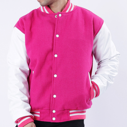 Pink Men's Baseball Letterman Jacket Wool Body Leather Sleeves