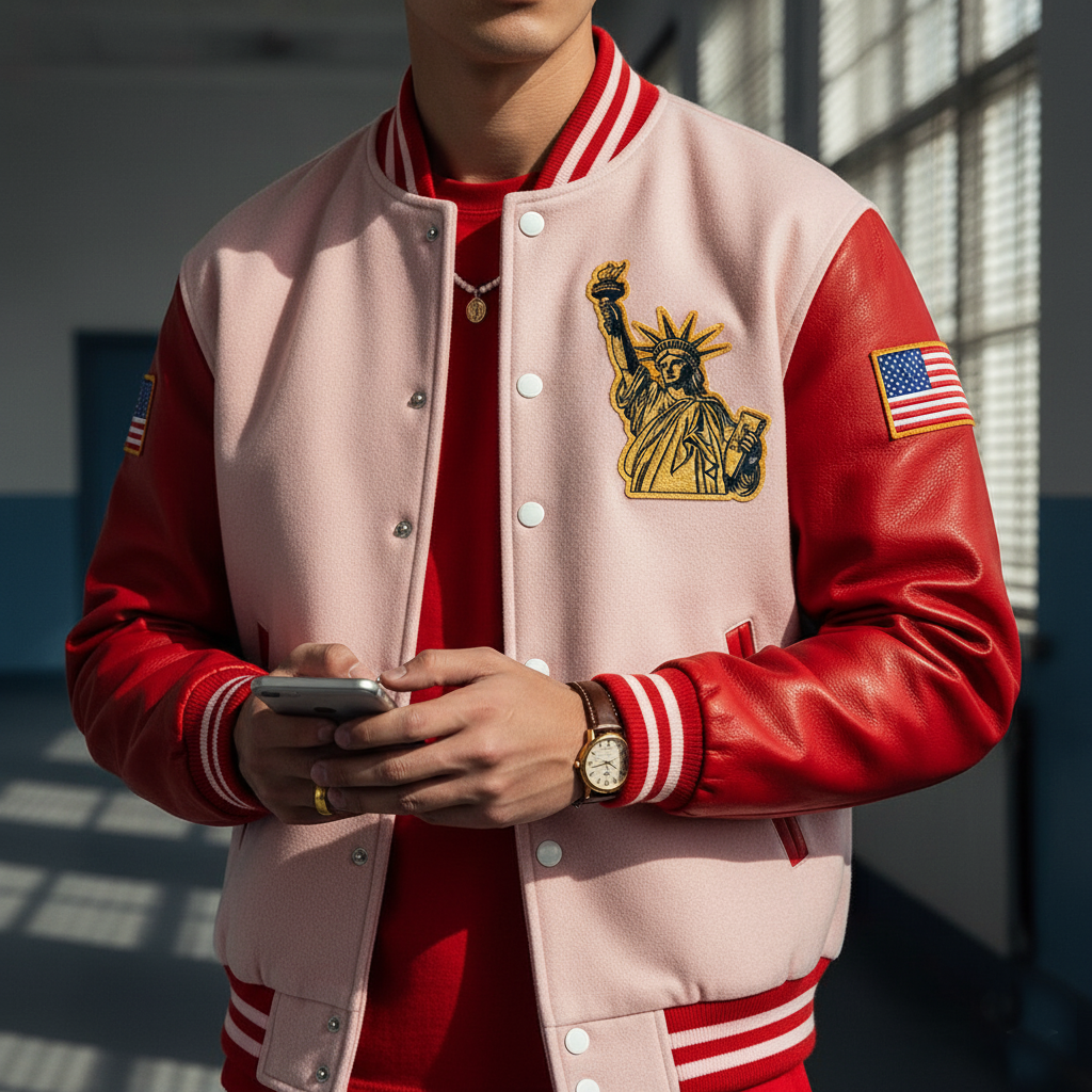 Person wearing a red and beige varsity jacket with a statue of liberty design, holding a phone.