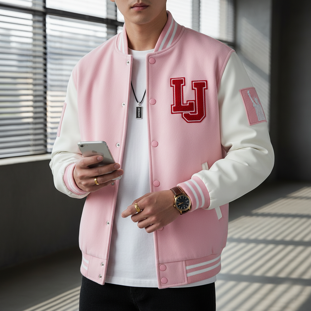Person wearing a pink varsity jacket with 'LJ' lettering, holding a phone.