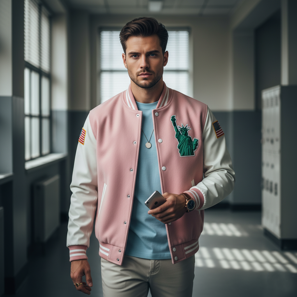 Man wearing a pink varsity jacket with a statue of liberty design in an indoor setting.